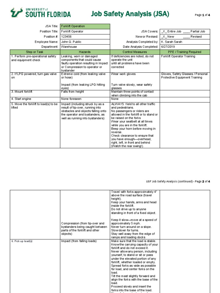 Jsa Example Forklift | PDF | Forklift | Personal Protective Equipment