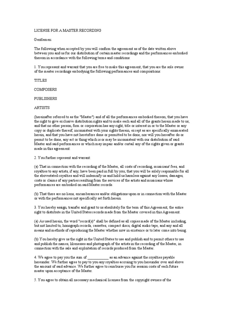 License For A Master Recording PDF License Royalty Payment
