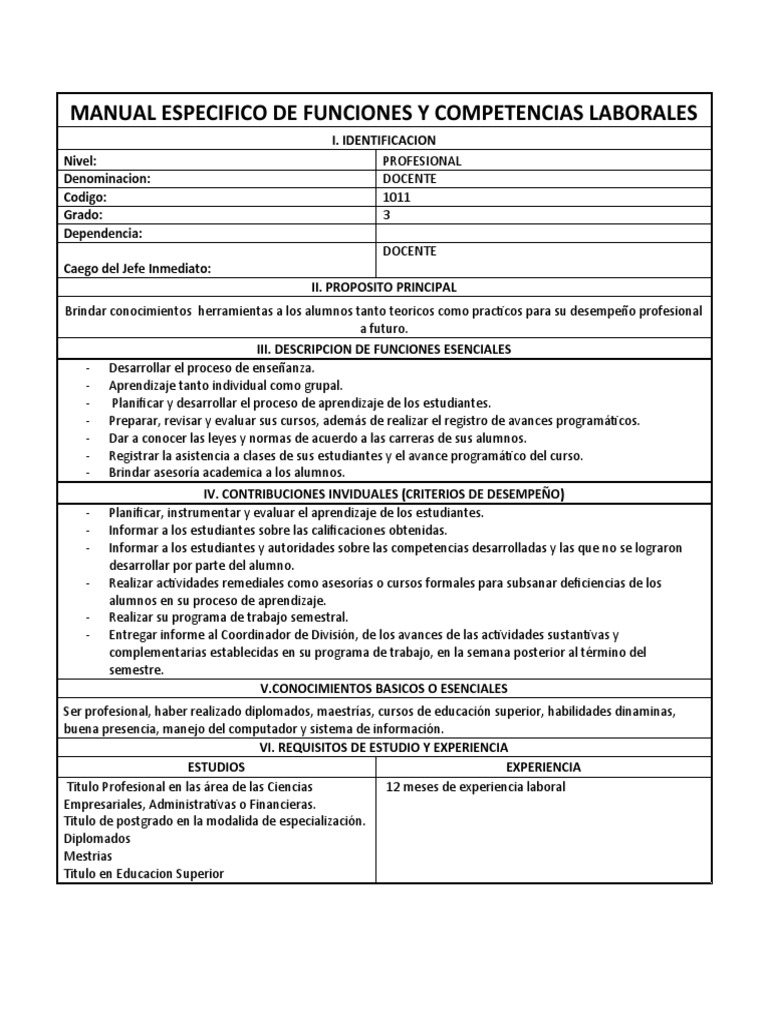 Manual Especifico de Funciones y Competencias Laborales | PDF ...