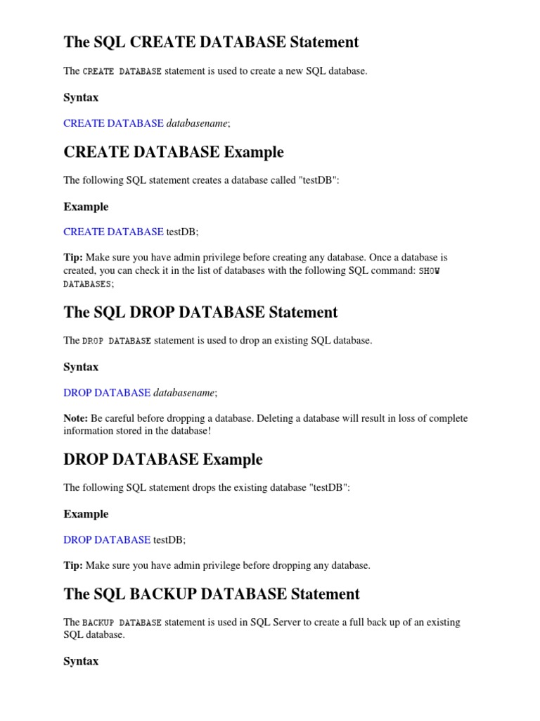The SQL Create Database Statement: Syntax | PDF | Relational Database ...