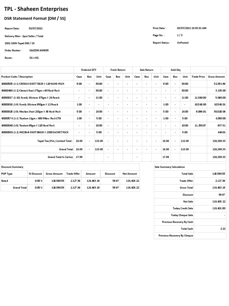 DSR Statement for Tapal Enterprises | PDF | Banking | Services (Economics)
