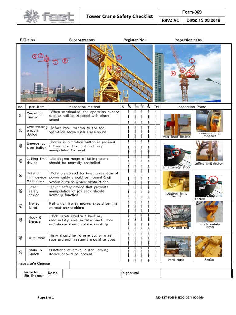 Form-069-Tower Crane Safety Checklist | PDF | Crane (Machine) | Equipment