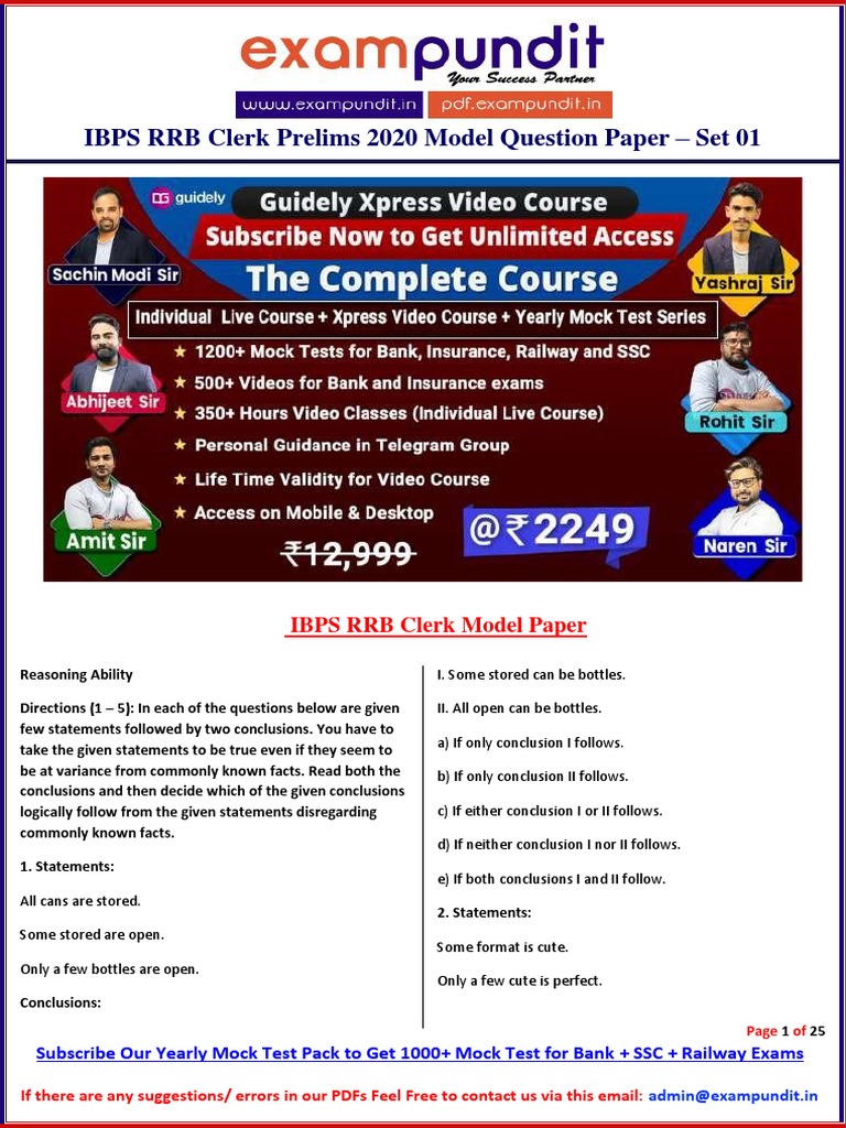 Ibps RRB Clerk Prelims 2020 Model Paper PDF Set 1 | PDF | Test ...