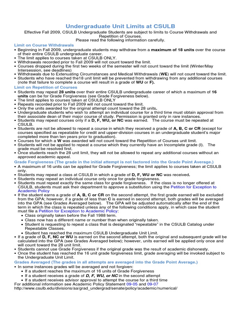 Undergraduate Unit Limits at CSULB: Limit On Course Withdrawals | PDF ...