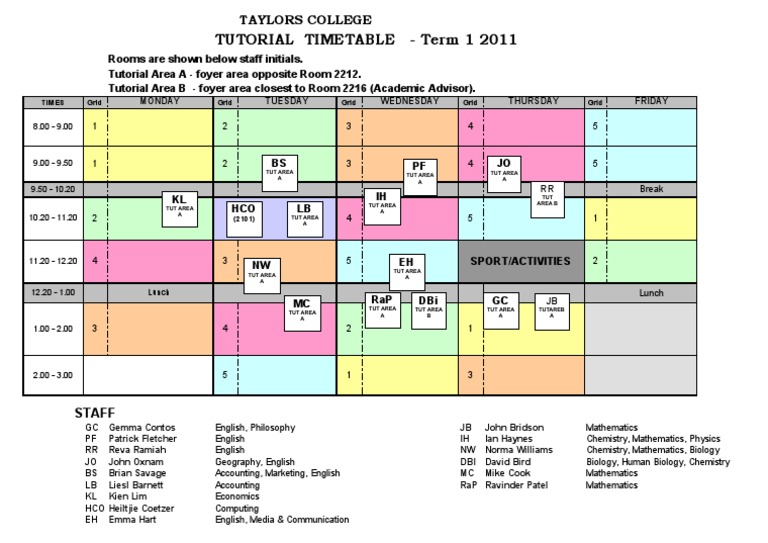 Tutorial Staff Timetable Term 1 2011 | PDF