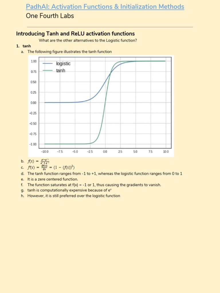One Fourth Labs: Introducing Tanh and Relu Activation Functions | PDF