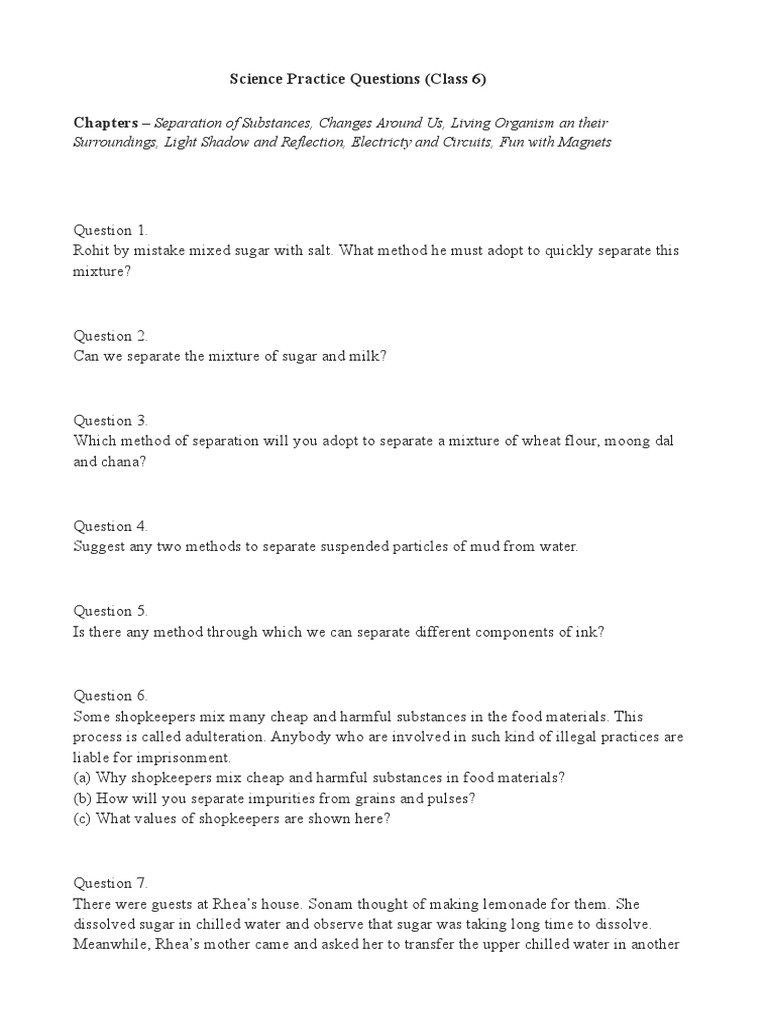Practice Questions Science Class 6 | PDF | Mixture | Solution