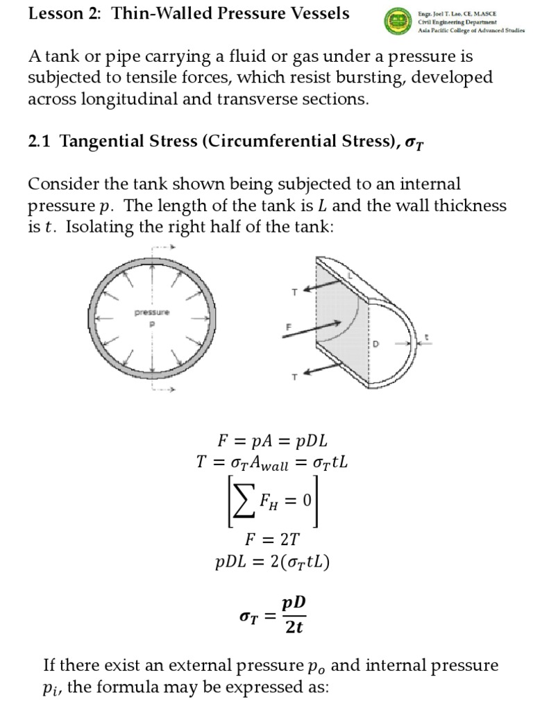 Thin-Walled Pressure Vessel Stress Equations | PDF | Stress (Mechanics ...
