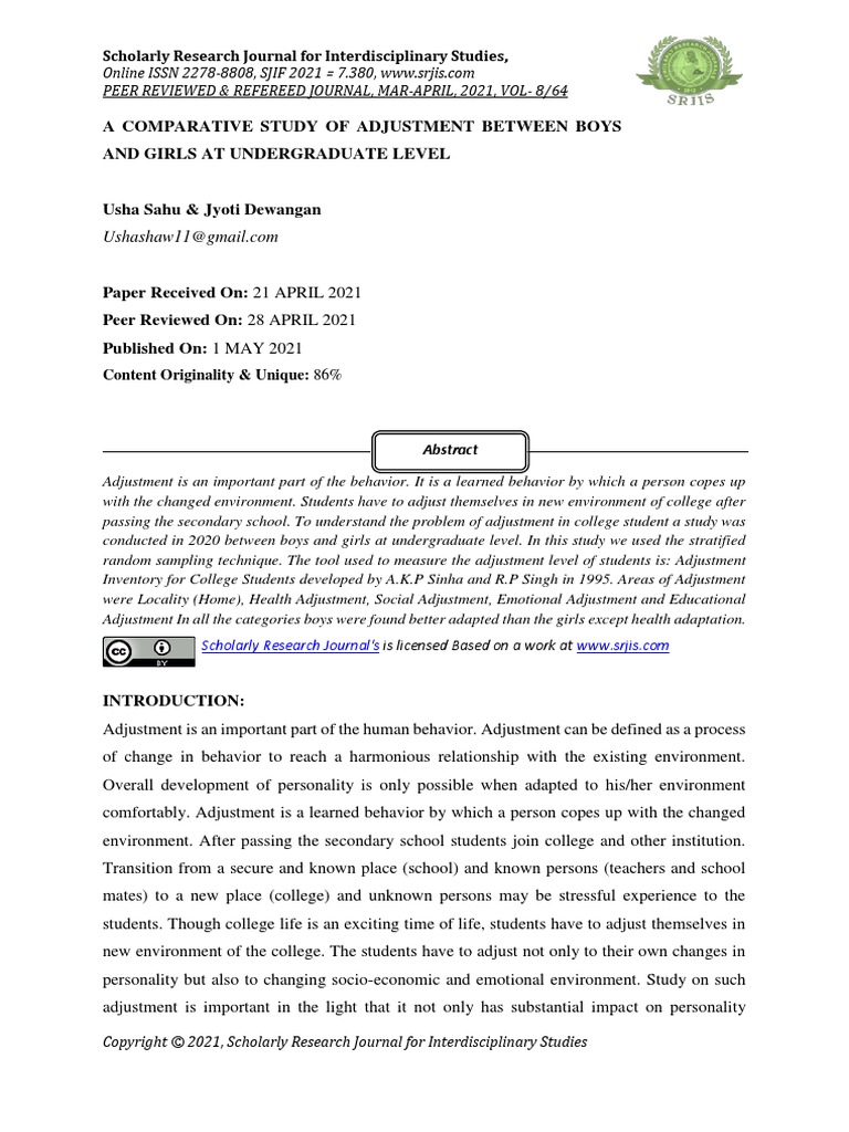 A Comparative Study of Adjustment Between Boys and Girls at ...