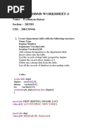 Dbms Worksheet-3: Name: - Praduman Kumar Section: - 20ITB5 UID: - 20BCS9446