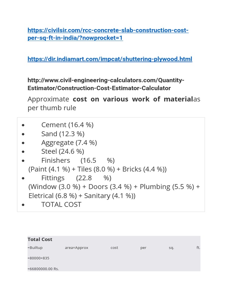 RCC concrete slab construction cost per sq ft in India PDF