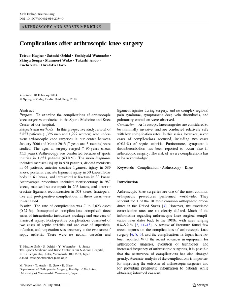 Complications After Arthroscopic Knee Surgery PDF Knee Surgery