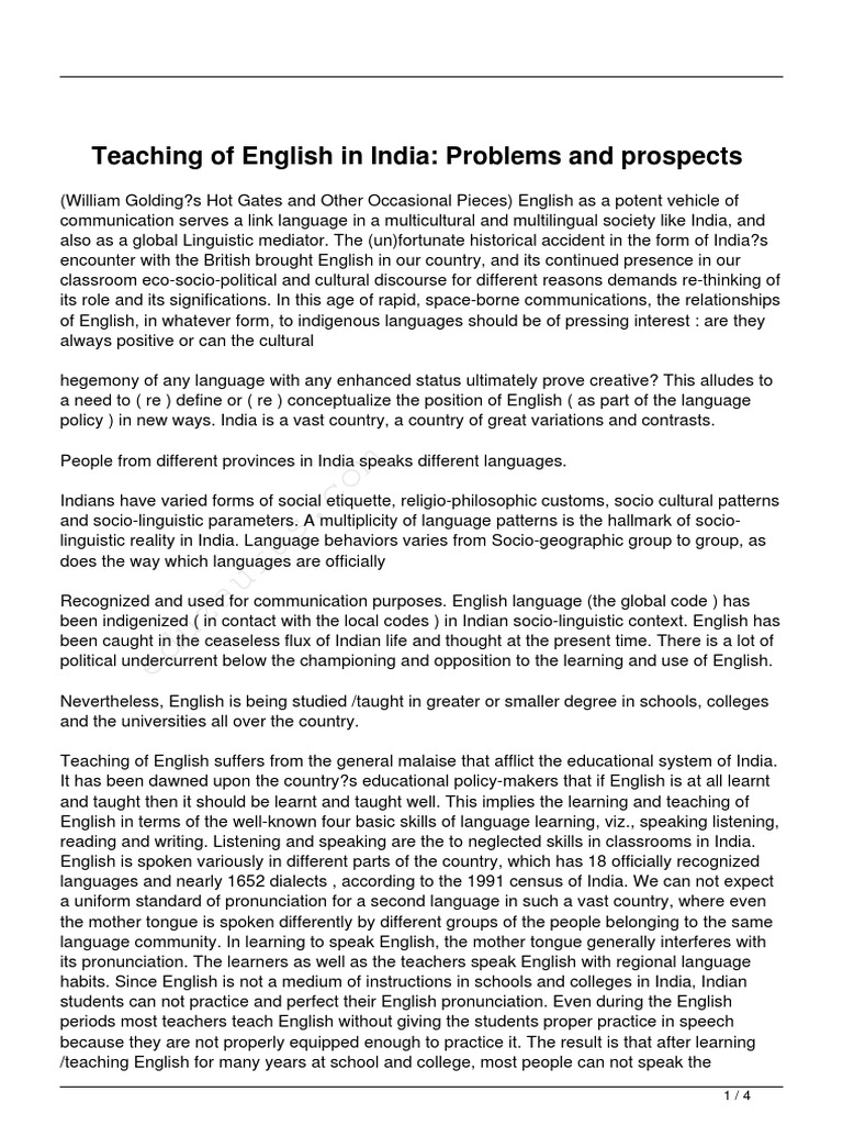Teaching of English in India Problems and Prospects | PDF | Teachers ...