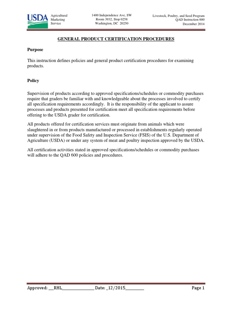 USDA General Product Certification Guide | PDF