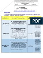 Guía de Geometría para el Grado 6A sobre conceptos de longitud, masa, capacidad, superficie y volumen