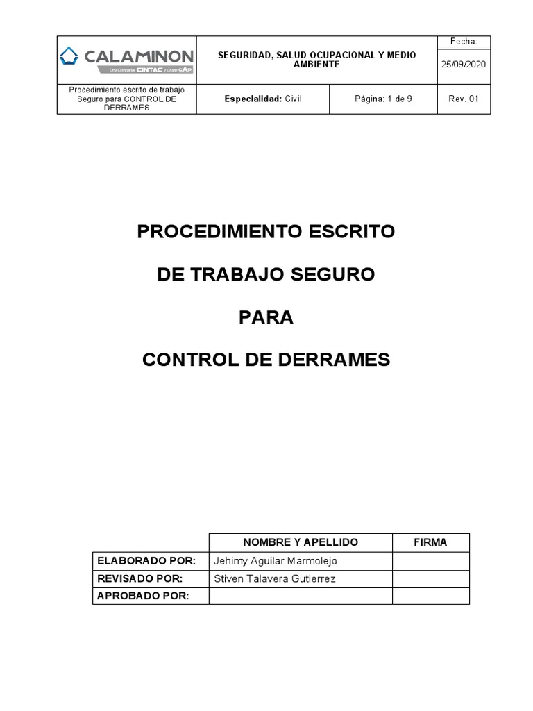 Procedimiento Seguro para Control de Derrames | PDF | Residuos ...