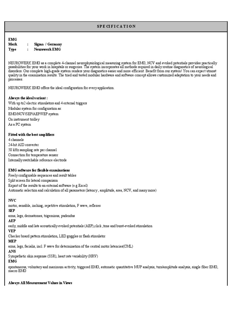 Neurowerk EMG System Specifications | PDF | Electromyography | Hertz