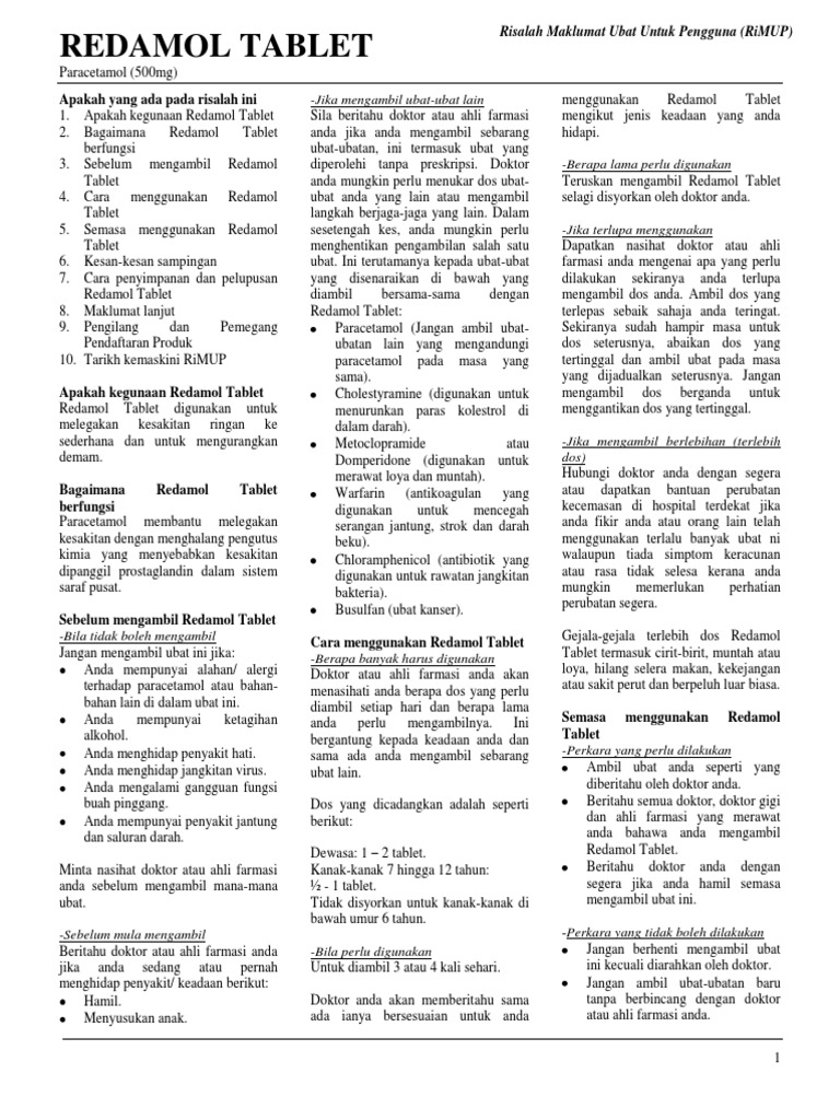 Redamol Tablet Paracetamol Royce Pharma Manufacturing Sdn Bhd 3may2018 Bm Pdf