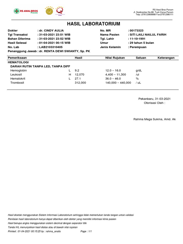 Hasil Laboratorium LAB2105 20210401 001525 | PDF