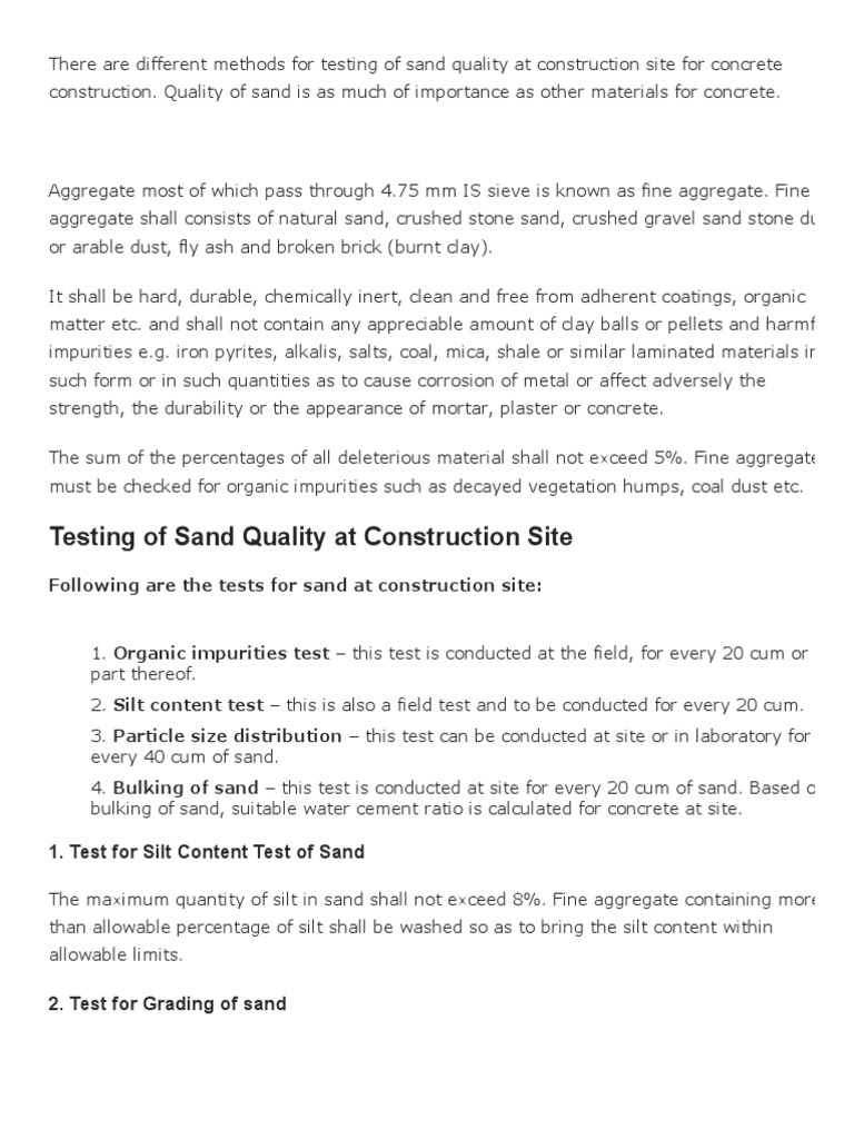 Sand Quality Testing Methods for Construction | PDF | Sand | Silt