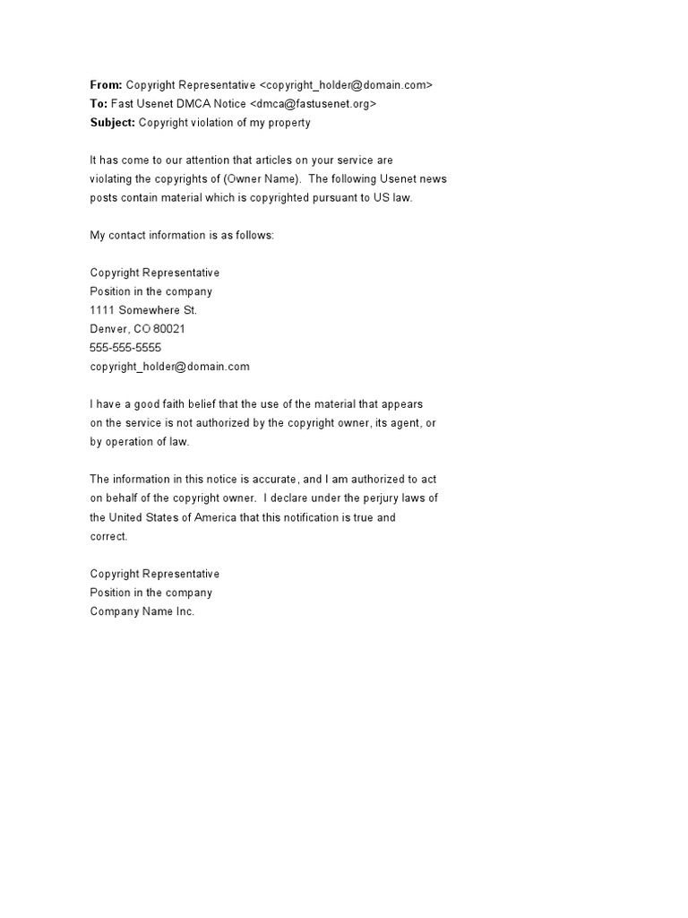DMCA Takedown Notice Template PDF