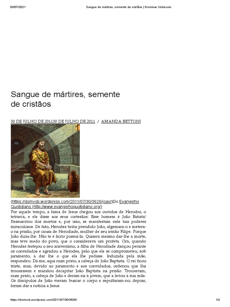 Sangue dos Mártires e a Igreja | PDF | Santo | João Batista