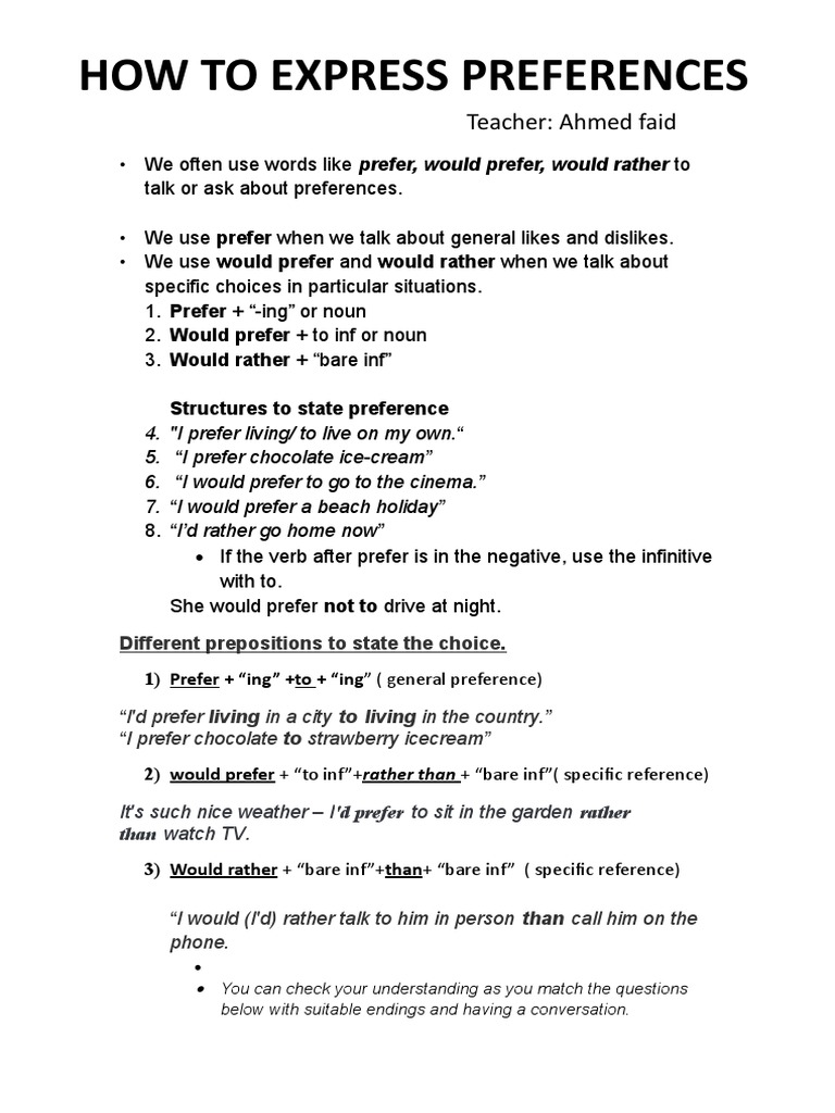 How To Express Preferences: Teacher: Ahmed Faid | PDF | Morphology ...