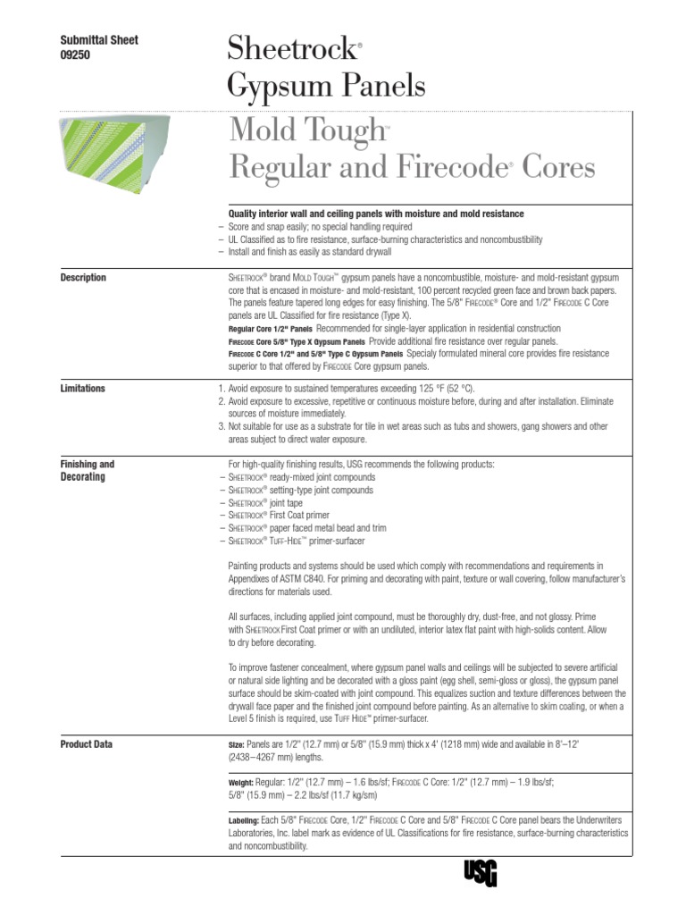 Sheetrock Gypsum Panels Mold Tough Regular and Firecode Cores Submittal WB2390 PDF Drywall