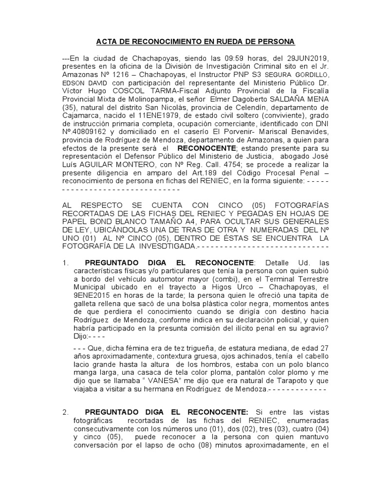 Acta de Reconocimiento de Persona en Ficha Reniec | PDF | Science ...