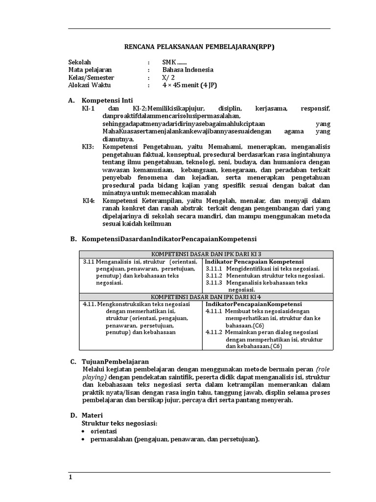 RPP Bahasa Indonesia: Teks Negosiasi | PDF | Karier & Perkembangan ...