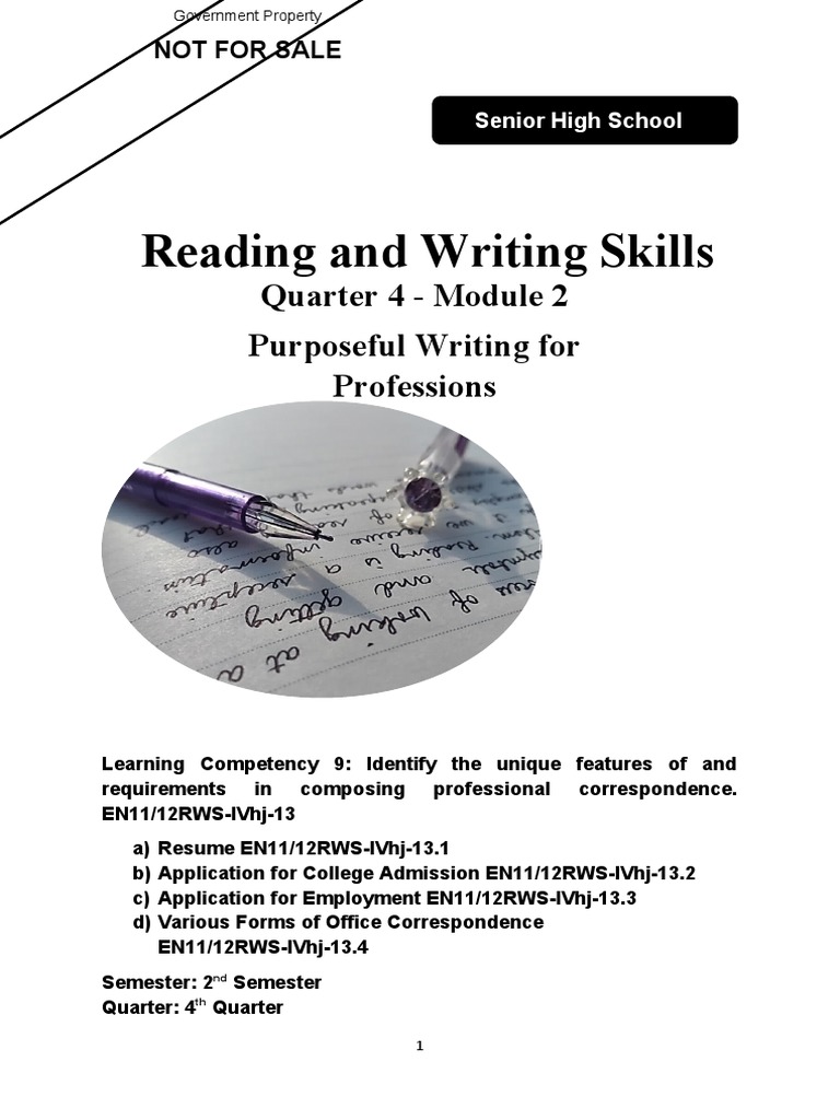 Reading and Writing Skills Quarter 4 Module 2 Purposeful Writing For