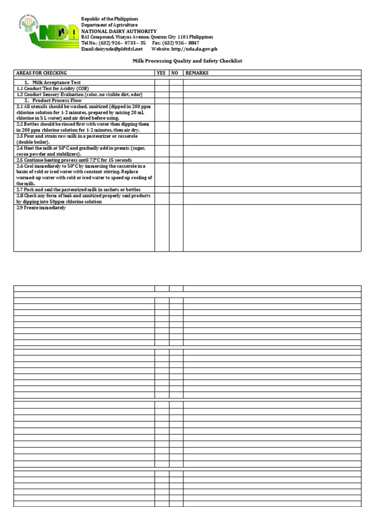 National Dairy Authority: Areas For Checking YES NO Remarks 1. Milk ...