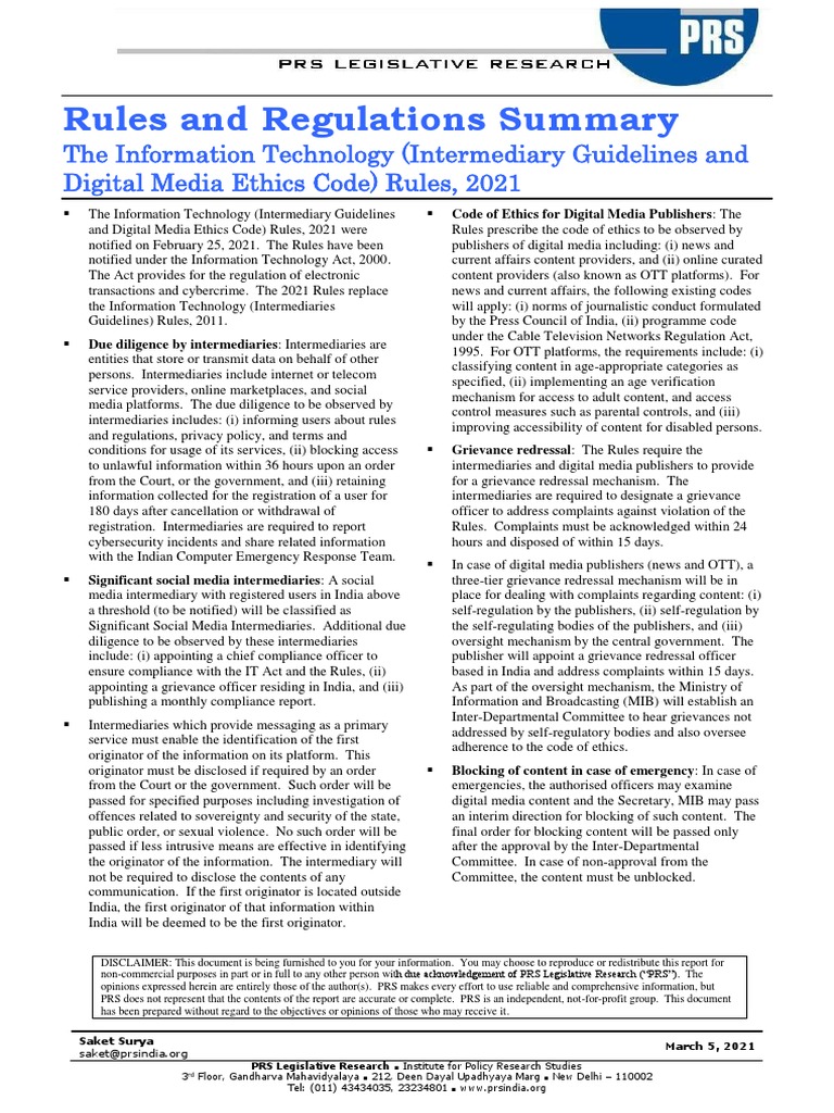 SummaryIntermediary and Digital Media Rules 2021 Under IT Act PDF