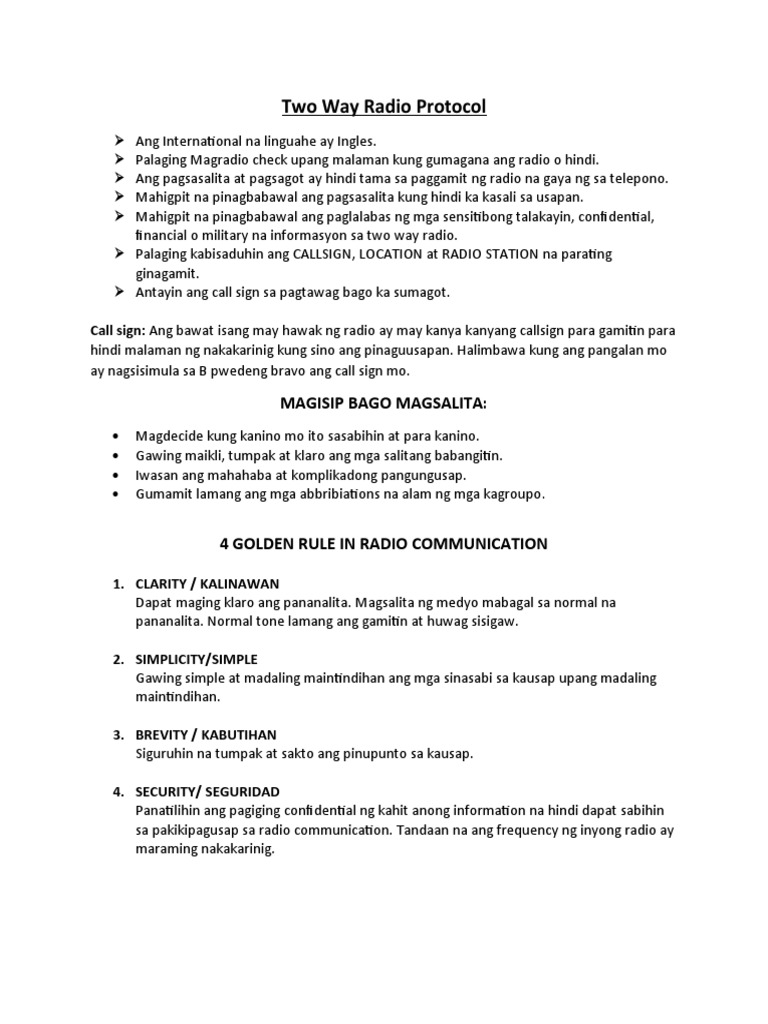 Two Way Radio Protocol Tagalog PDF