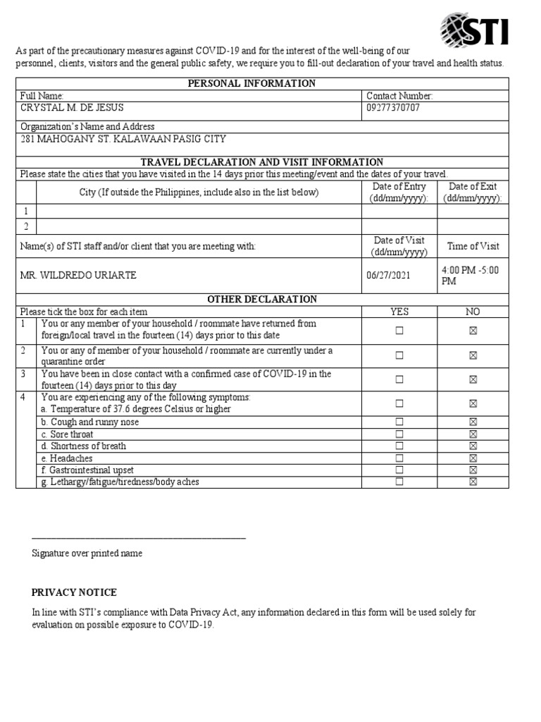 COVID-19 Travel Declaration Form | PDF | Respiratory Diseases ...
