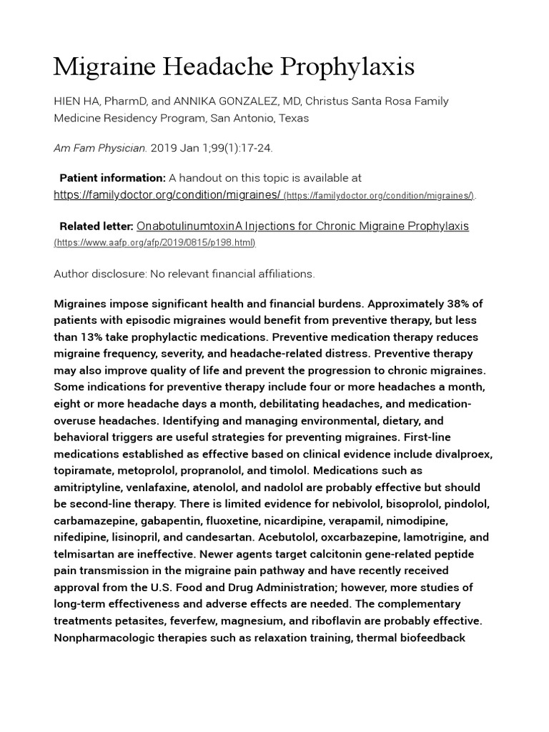 Migraine Headache Prophylaxis American Family Physician PDF
