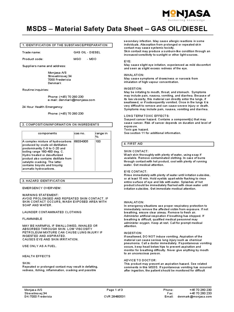 MSDS Material Safety Data Sheet GAS OIL/DIESEL PDF Firefighting