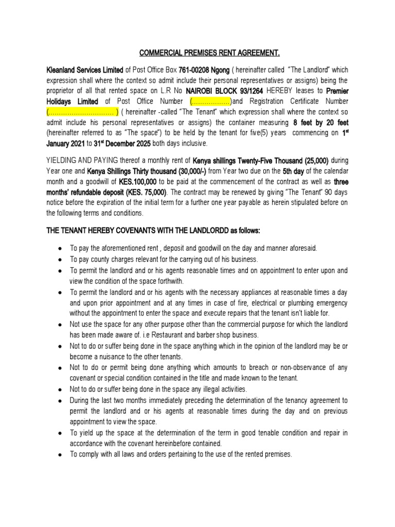 Draft Commercial Premises Rent Agreement | PDF | Leasehold Estate ...