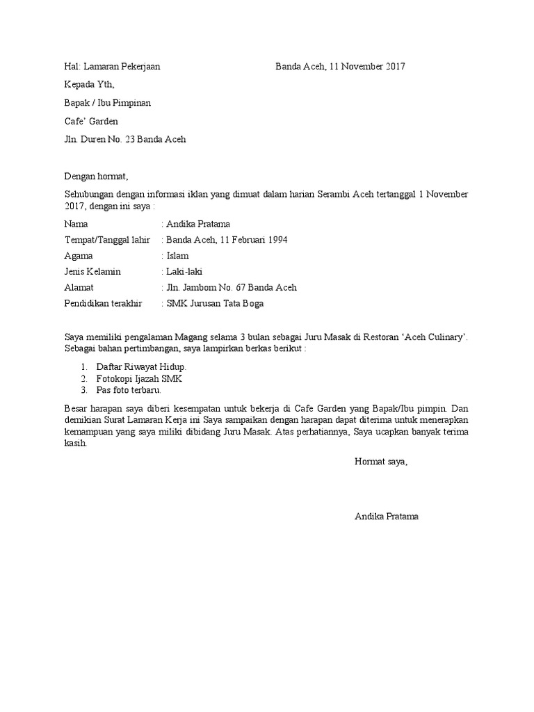 Download 50+ Contoh Surat Surat Lamaran Kerja Restoran Terbaik Dan Terbaru