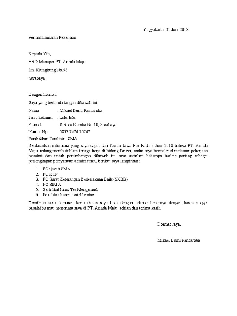 Contoh Surat Lamaran Kerja Sopir Pdf