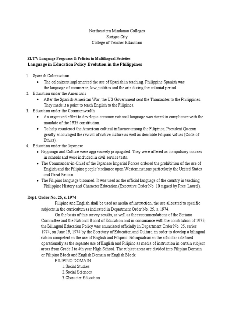 Evolution of Language Policy in Education | PDF | Philippines | Further ...