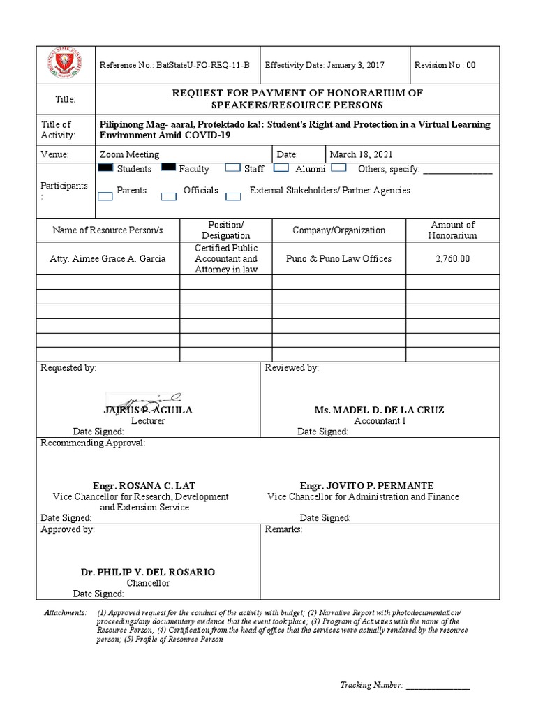 BatStateU FO REQ 11 B Request For Payment of Honorarium For Speakers