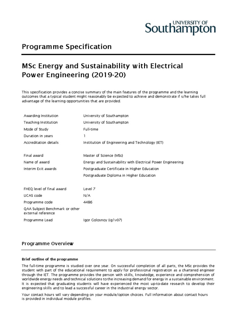 Programme Specification Msc Energy And Sustainability With Electrical