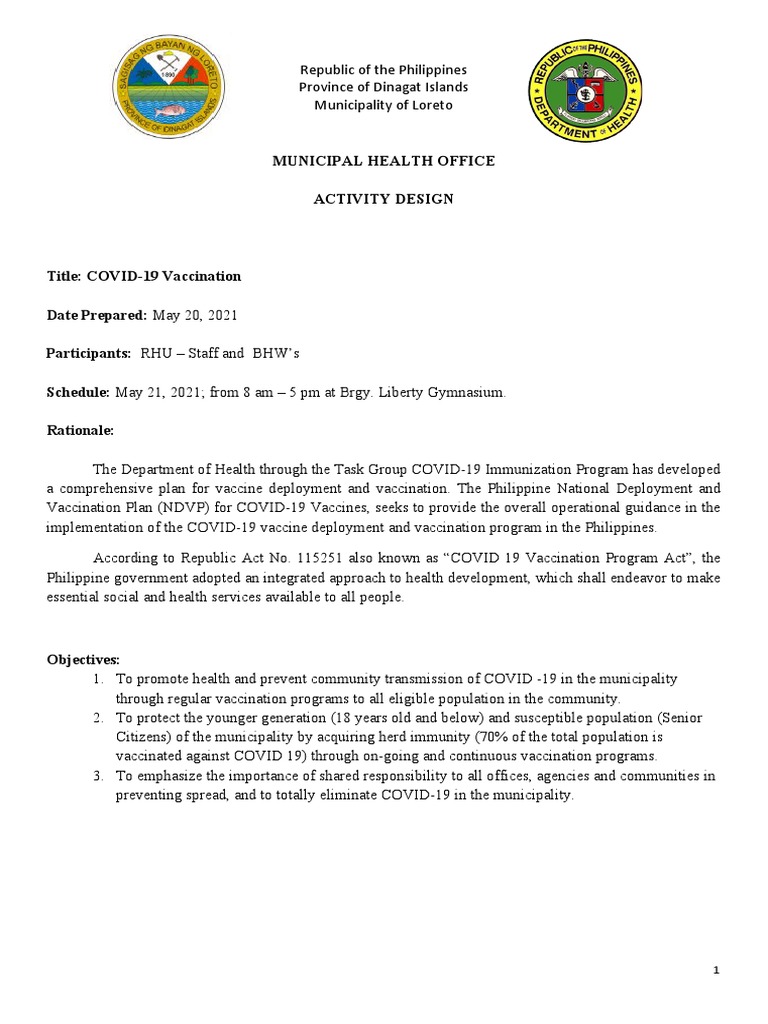 Municipal Health Office Activity Design | PDF | Vaccines | Public Health