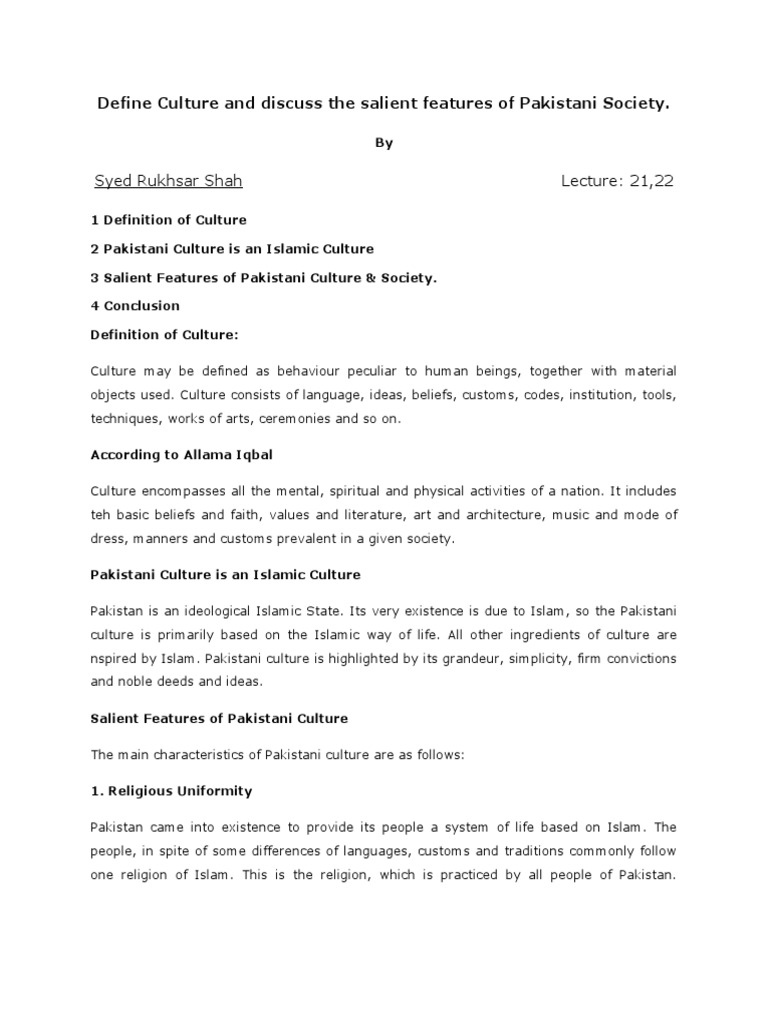 Salient Features of Pakistani Culture | PDF | Pakistan | Traditions