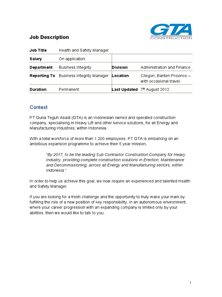 Health and Safety Manager Job Description | PDF | Occupational Safety ...