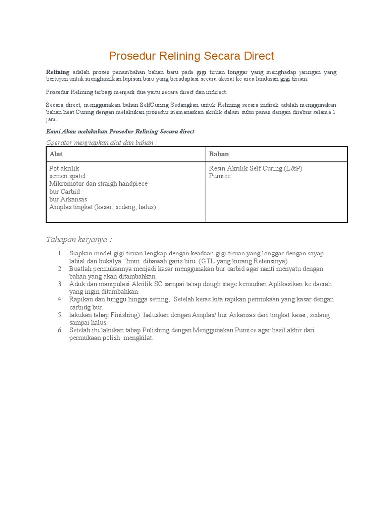 Prosedur Relining Gigi Tiruan Direct | PDF