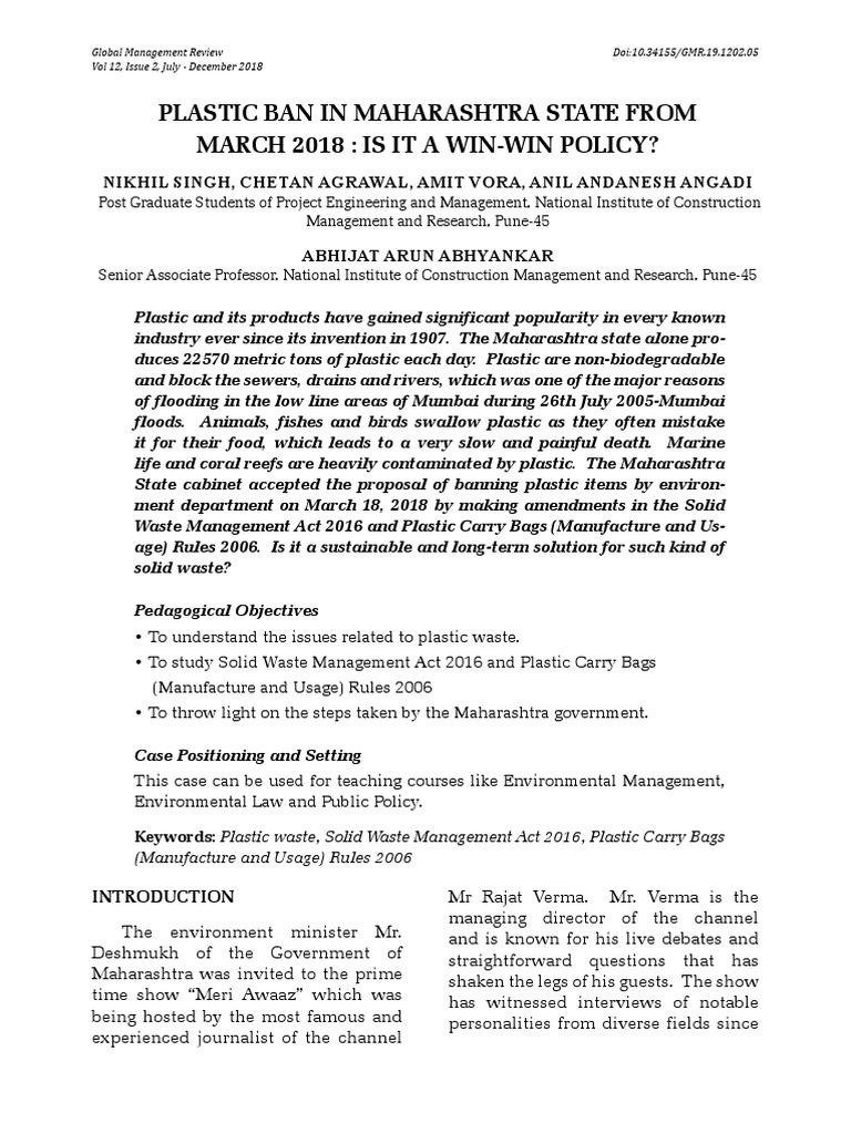 Plastic Ban in Maharashtra State From March 2018, Is It A Win Win Policy PDF Soil Plastic