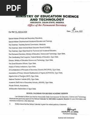 SCHOOL CALENDAR FOR 2021-2022 ACADEMIC SESSION