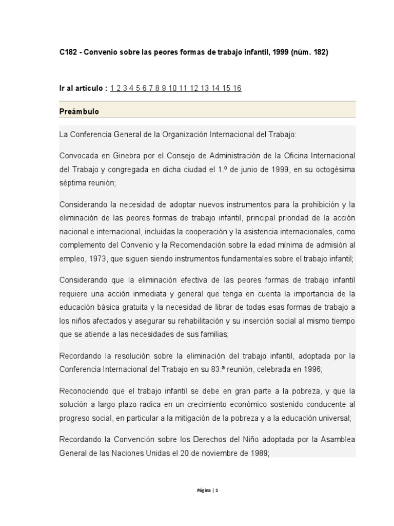 C182 - Convenio Sobre Las Peores Formas de Trabajo Infantil | PDF ...
